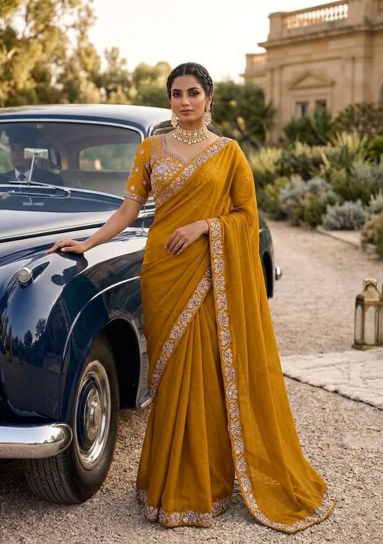 Mustard Embroidered Silk Saree Set for Diwali and Festive Wear - Indya