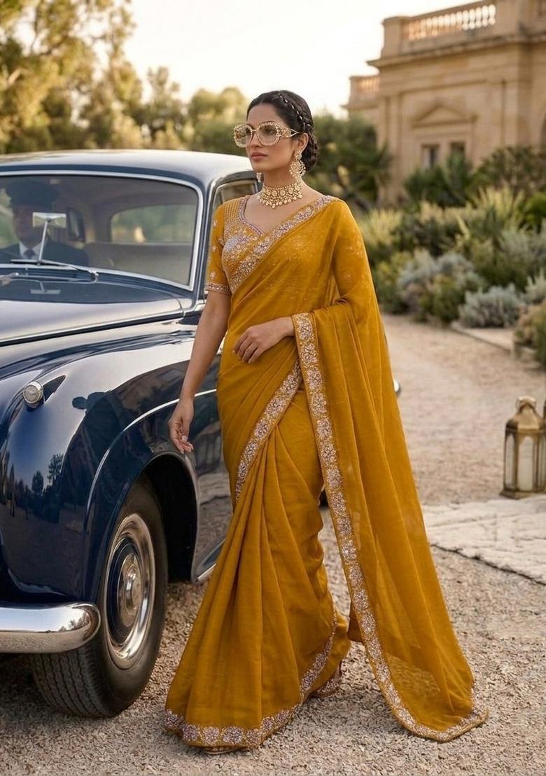 Mustard Embroidered Silk Saree Set - Indya