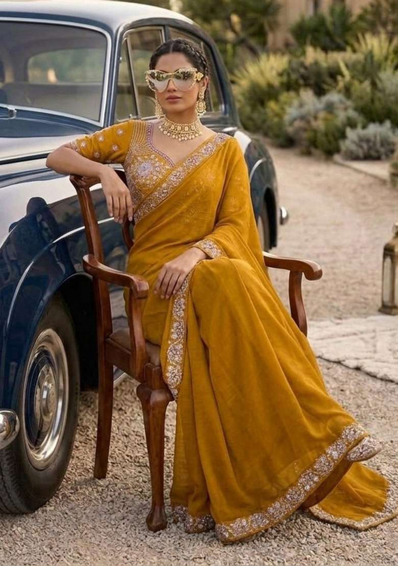 Mustard Embroidered Silk Saree Set for Diwali and Festive Wear - Indya
