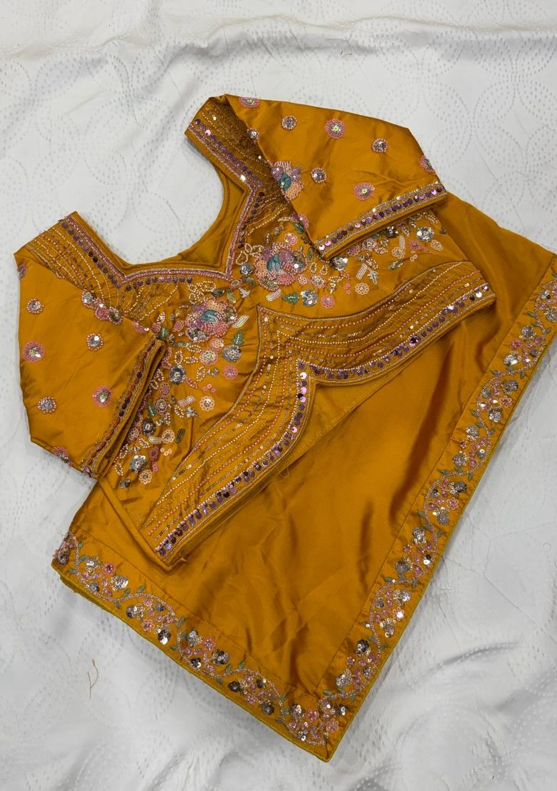 Mustard Embroidered Silk Saree Set - Indya