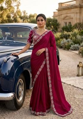 Pink Embroidered Silk Saree Set