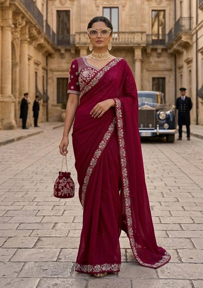 Pink Embroidered Silk Saree Set - Indya