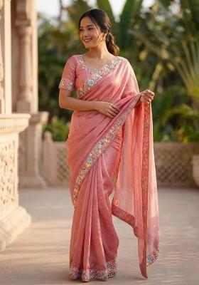 Pink Embroidered Silk Saree Set