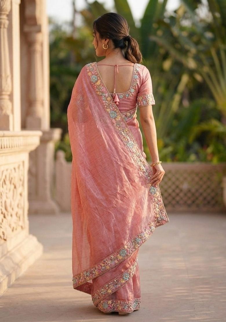 Pink Embroidered Silk Saree Set - Indya