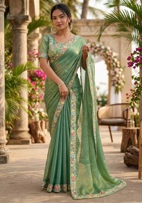 Sea Green Embroidered Silk Saree Set