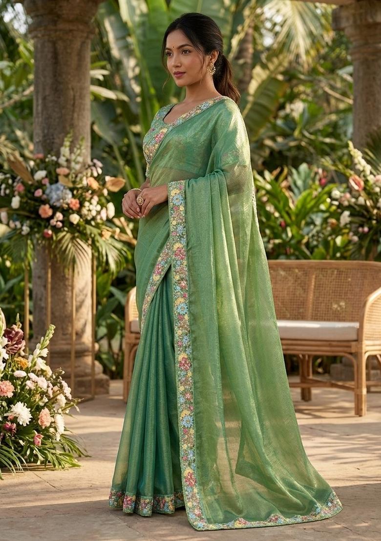 Sea Green Embroidered Silk Saree Set - Indya