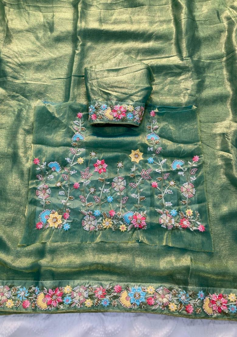 Sea Green Embroidered Silk Saree Set - Indya