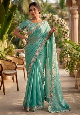 Sky Blue Embroidered Silk Saree Set