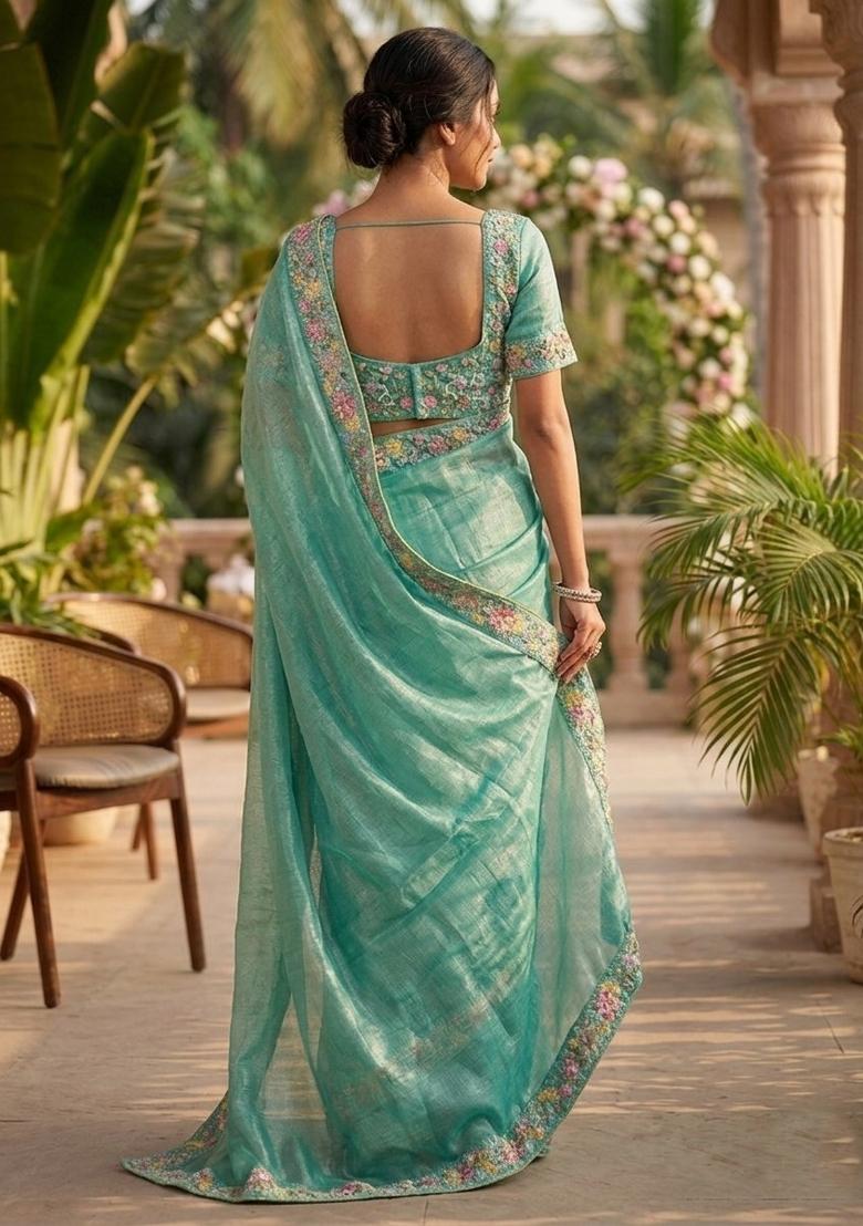 Sky Blue Embroidered Silk Saree Set - Indya