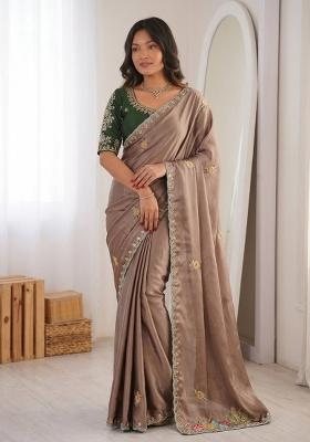 Chiku Embroidered Silk Saree Set