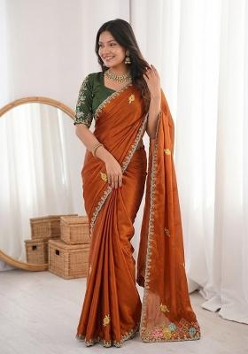 Orange Embroidered Silk Saree Set