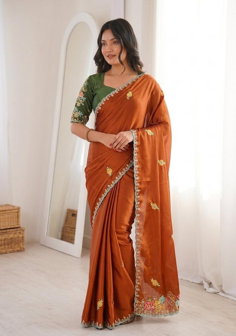 Orange Embroidered Silk Saree Set - Indya