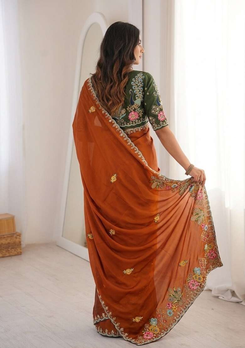 Orange Embroidered Silk Saree Set for Diwali and Festive Wear - Indya