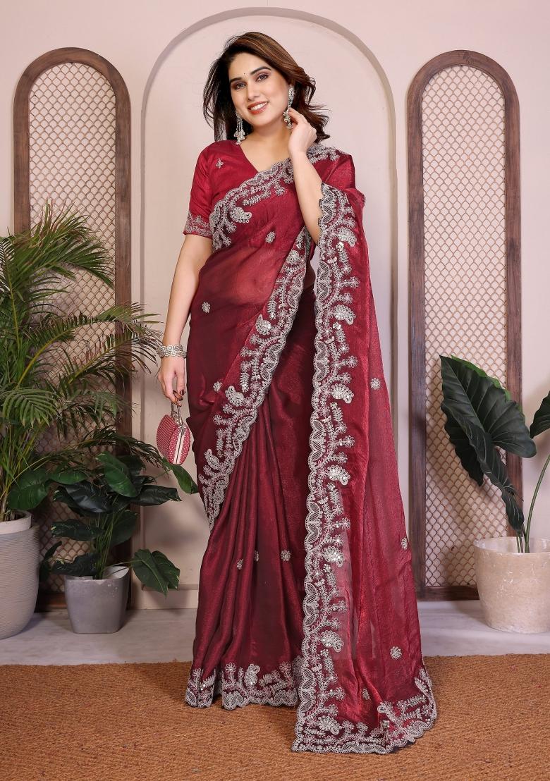 Maroon Embroidered Silk Saree Set - Indya