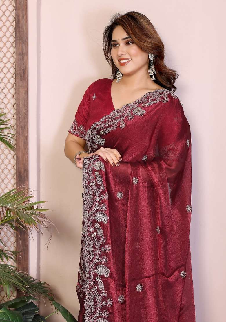 Maroon Embroidered Silk Saree Set for Diwali and Festive Wear - Indya