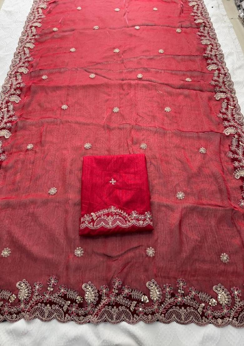 Maroon Embroidered Silk Saree Set - Indya
