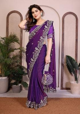 Purple Embroidered Silk Saree Set