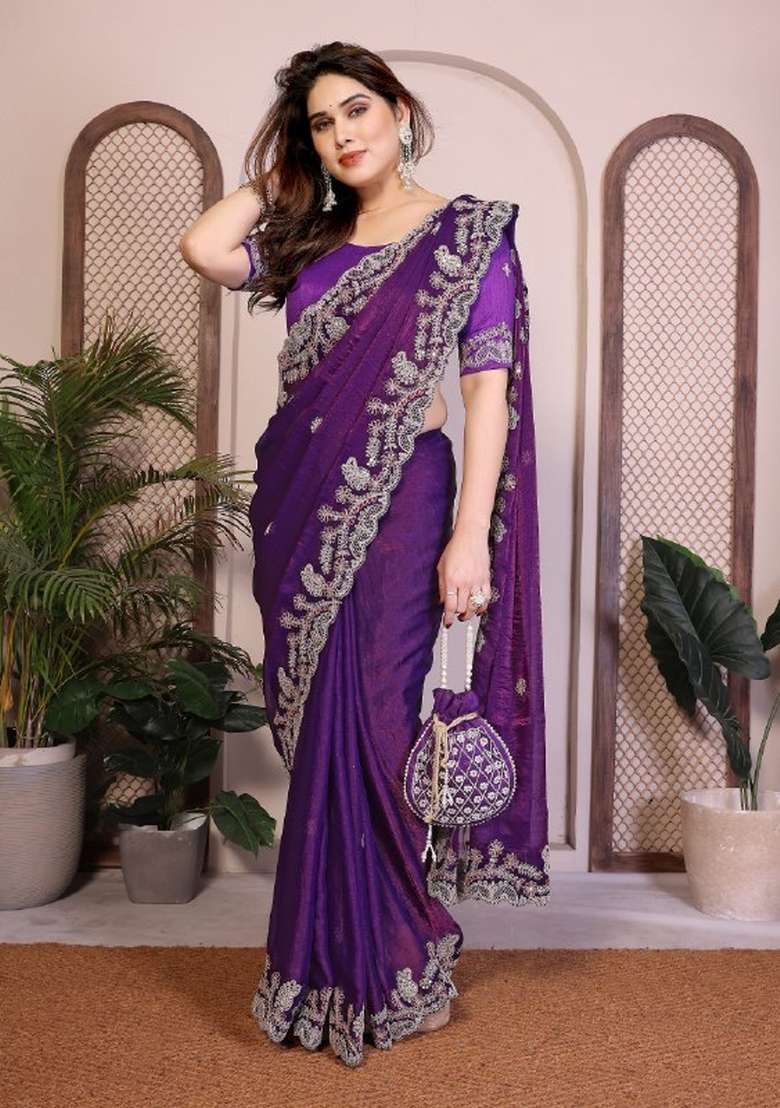 Purple Embroidered Silk Saree Set for Diwali and Festive Wear - Indya