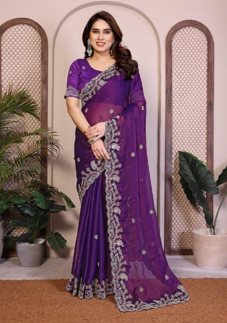 Purple Embroidered Silk Saree Set - Indya