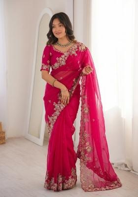 Pink Embroidered Fendi Saree Set