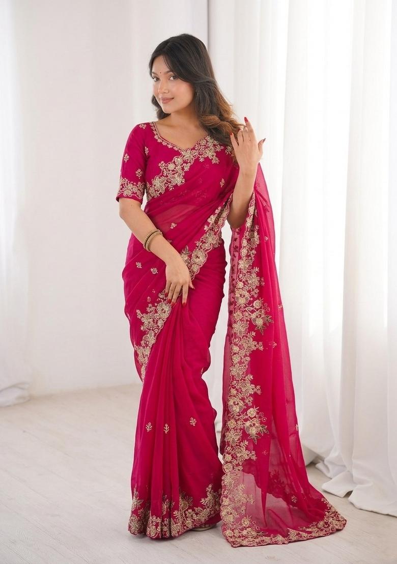 Pink Embroidered Fendi Saree Set - Indya