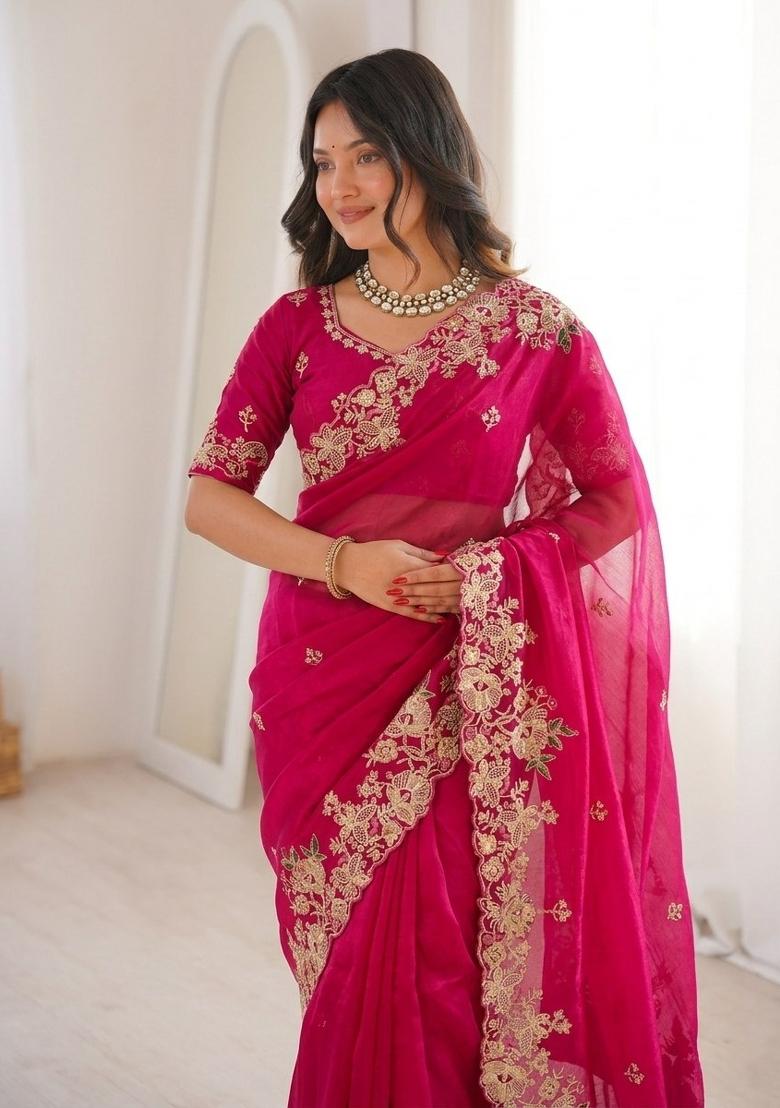 Pink Embroidered Fendi Saree Set - Indya