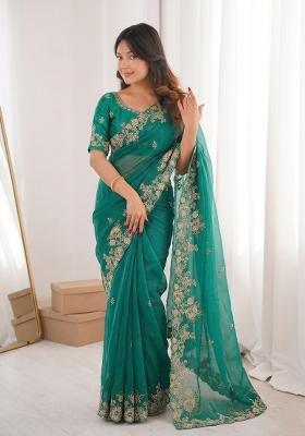 Teal Green Embroidered Fendi Saree Set