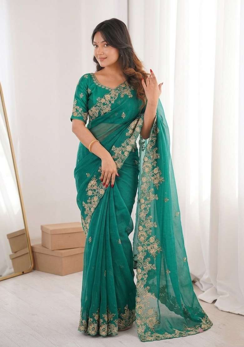Teal Green Embroidered Fendi Saree Set for Diwali and Festive Wear - Indya