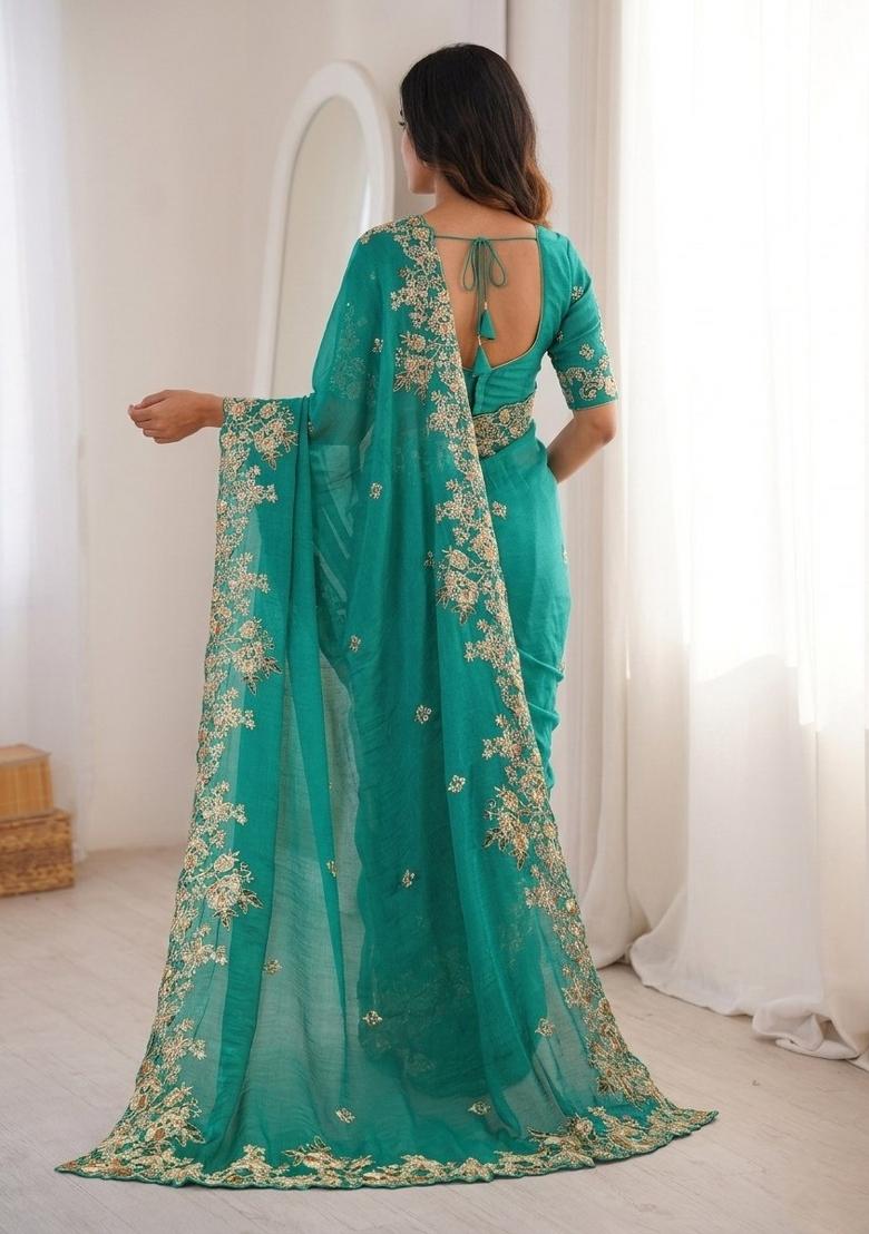 Teal Green Embroidered Fendi Saree Set - Indya