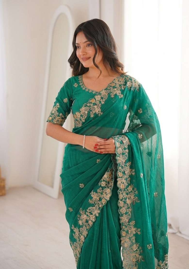 Teal Green Embroidered Fendi Saree Set for Diwali and Festive Wear - Indya