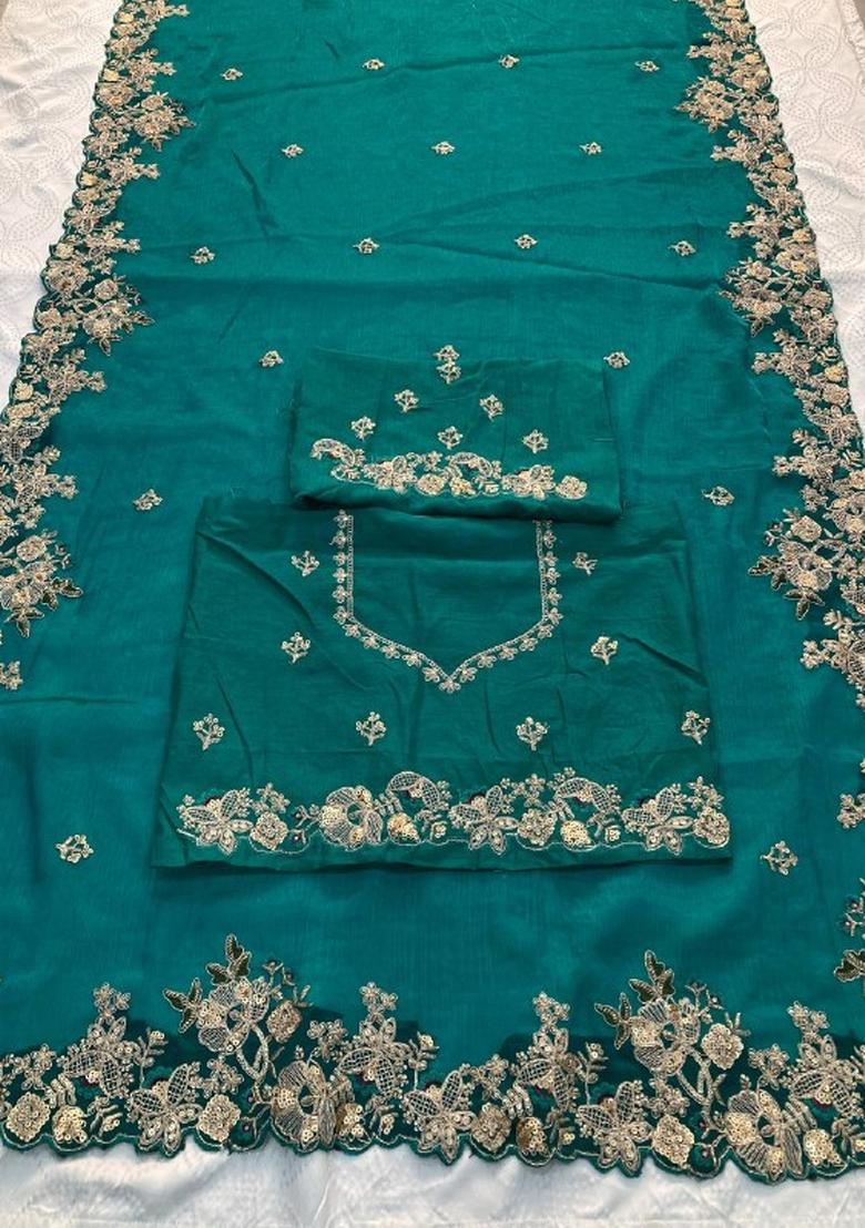 Teal Green Embroidered Fendi Saree Set - Indya