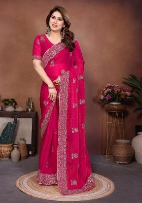 Pink Embroidered Silk Saree Set