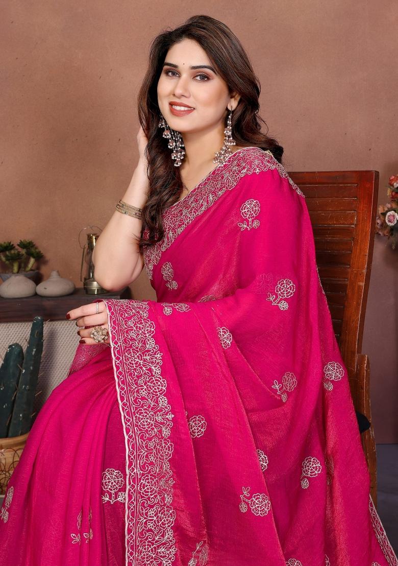 Pink Embroidered Silk Saree Set - Indya