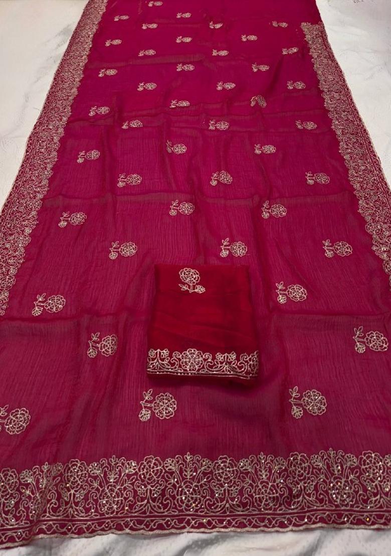 Pink Embroidered Silk Saree Set - Indya
