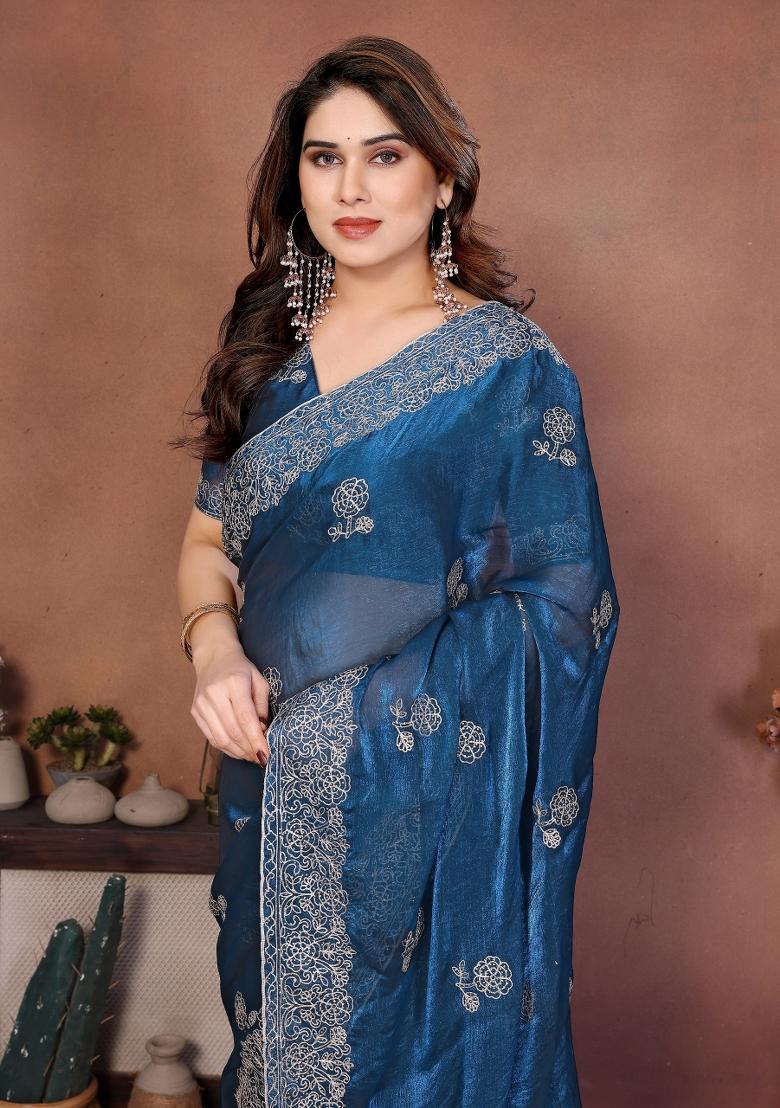 Teal Embroidered Silk Saree Set - Indya