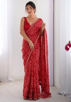 Red Printed Georgette Saree Set