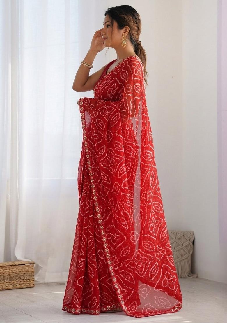 Red Printed Georgette Saree Set - Indya