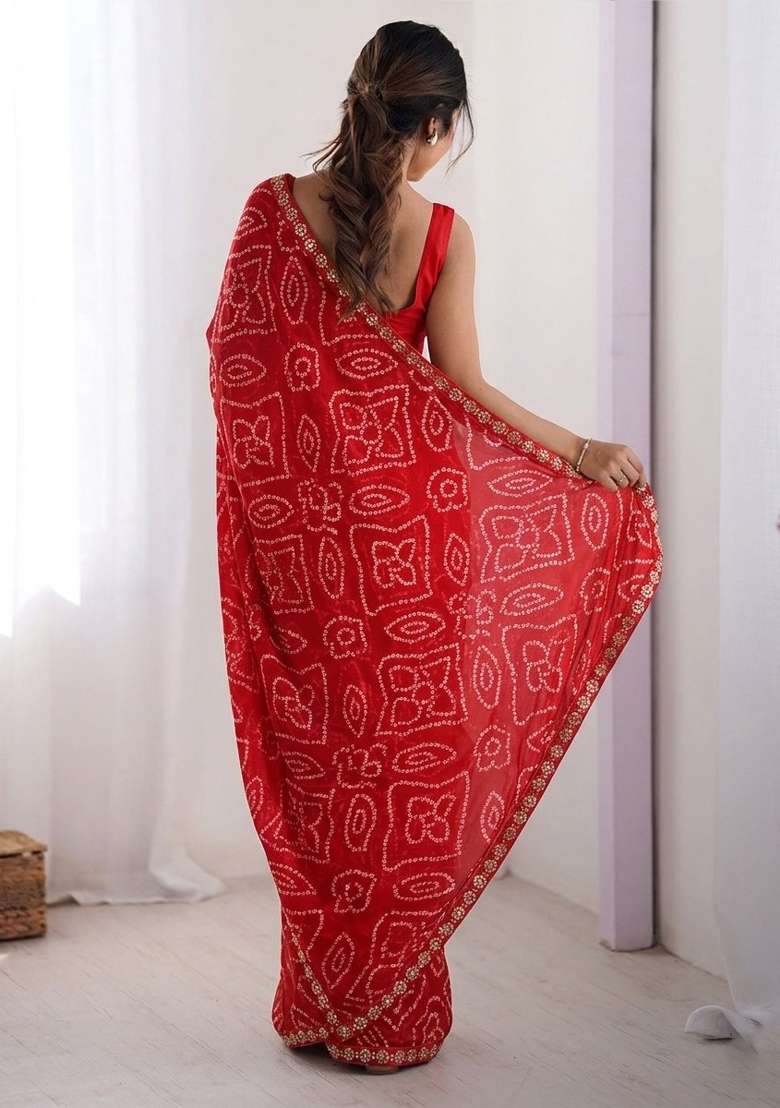 Red Printed Georgette Saree Set for Diwali and Festive Wear - Indya