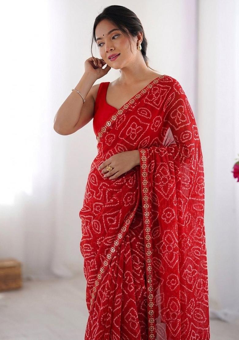 Red Printed Georgette Saree Set - Indya