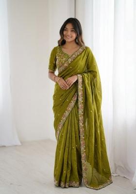 Mehendi Green Embroidered Silk Saree Set