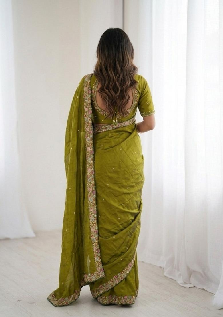 Mehendi Green Embroidered Silk Saree Set - Indya