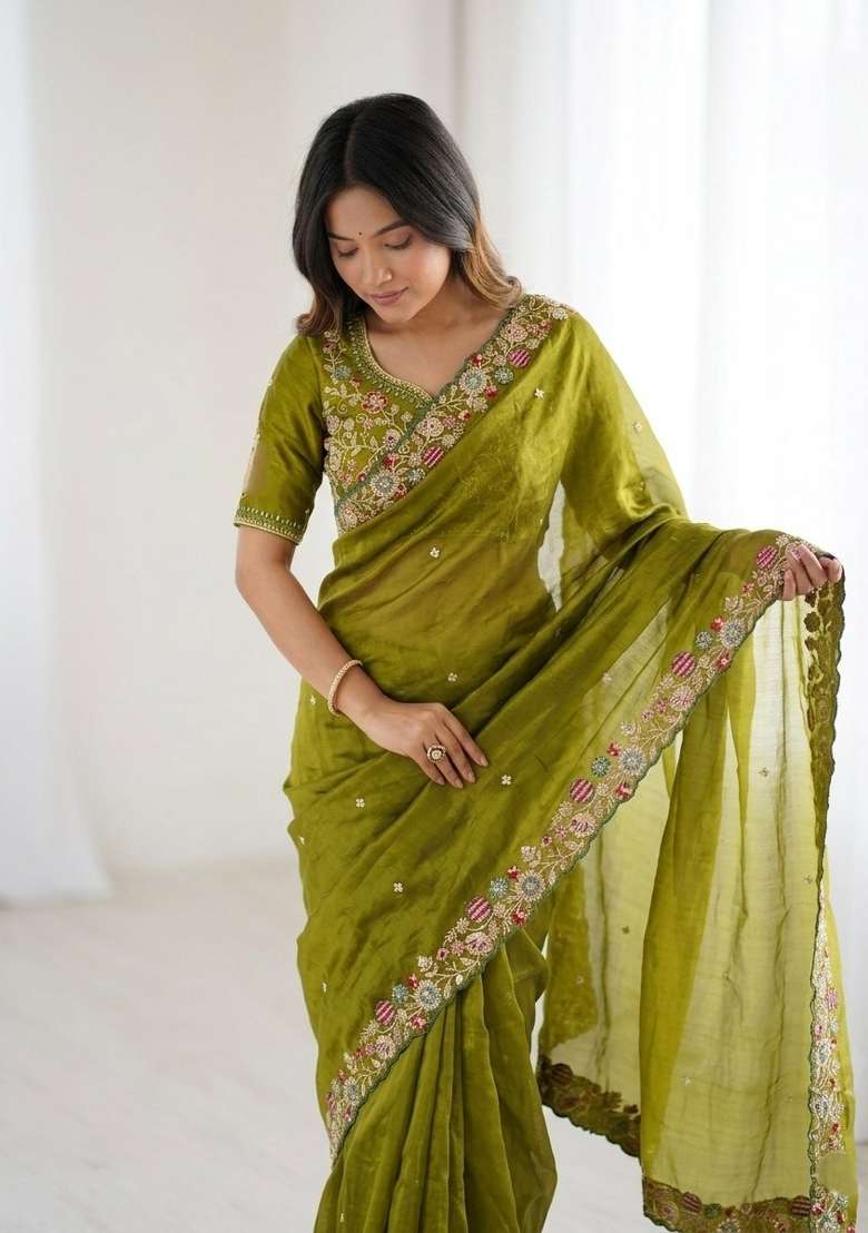 Mehendi Green Silk Saree Set with Embroidered for Diwali | Wedding & Festive Wear - Indya