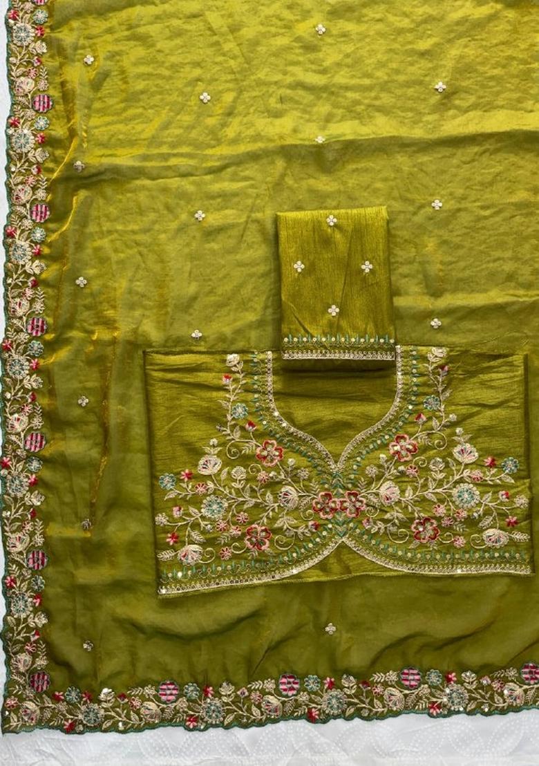 Mehendi Green Embroidered Silk Saree Set - Indya