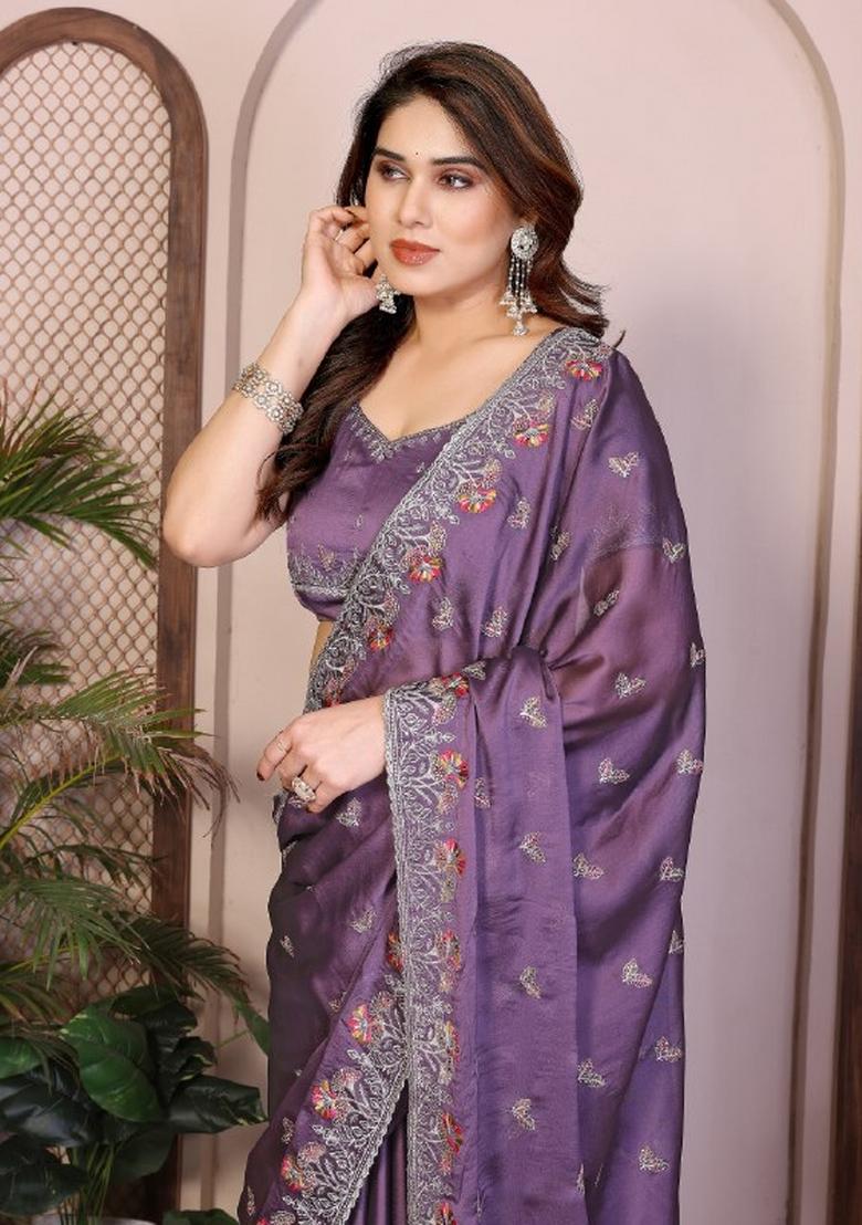 Light Purple Embroidered Silk Saree Set - Indya
