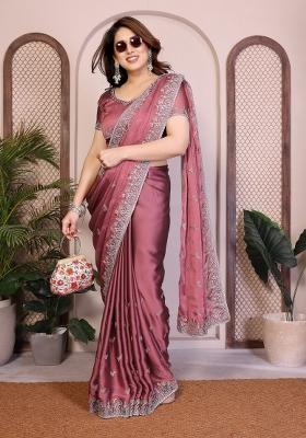 Pink Embroidered Silk Saree Set