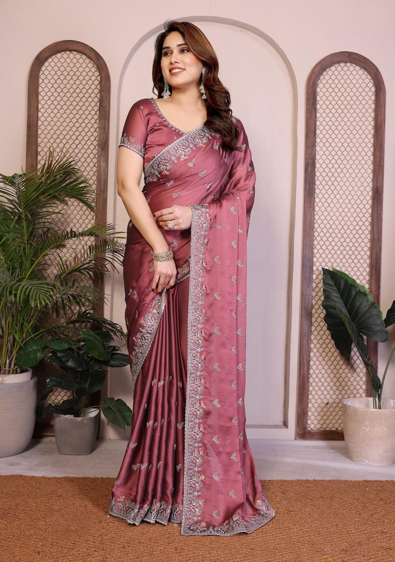 Pink Embroidered Silk Saree Set - Indya