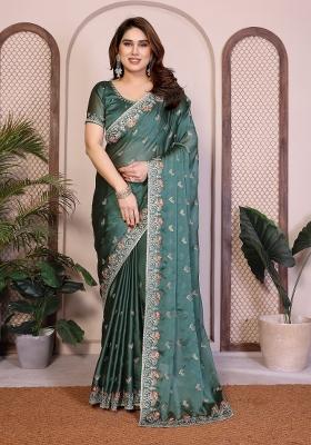 Teal Green Embroidered Silk Saree Set