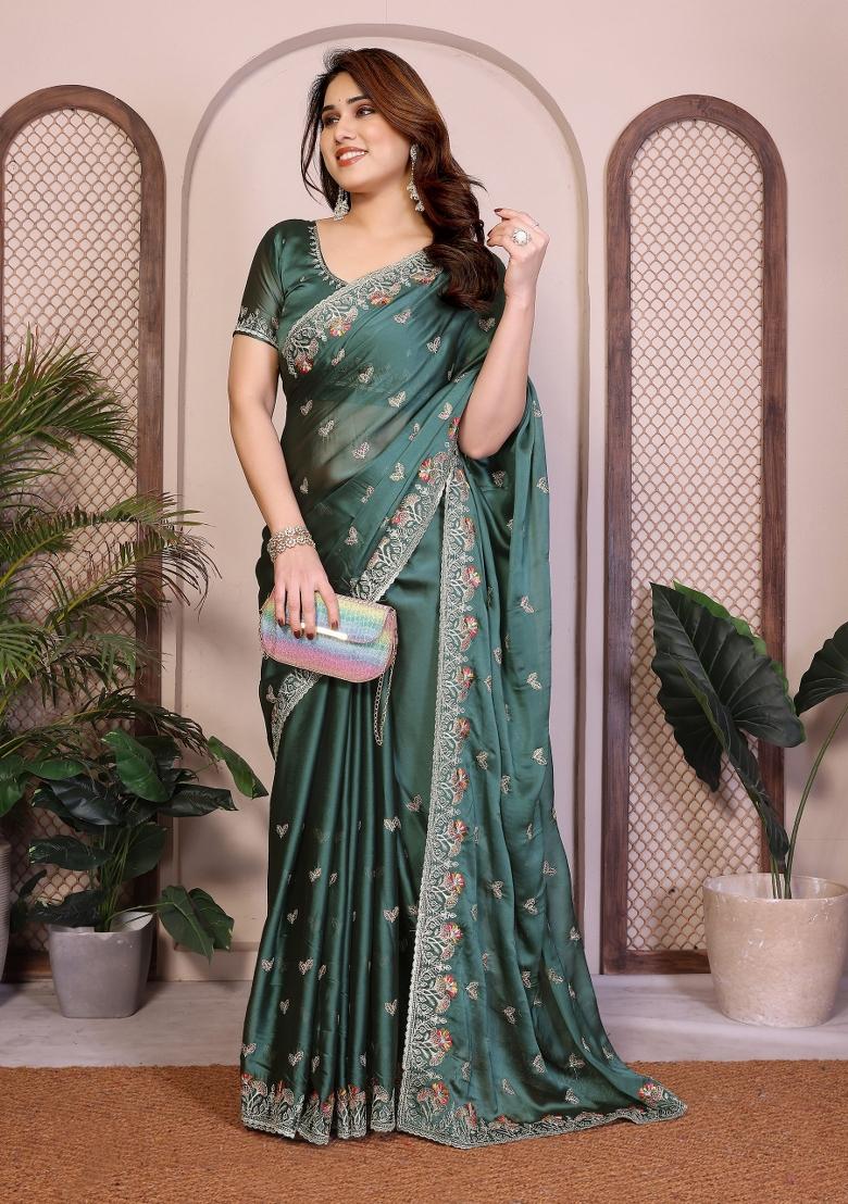 Teal Green Embroidered Silk Saree Set - Indya