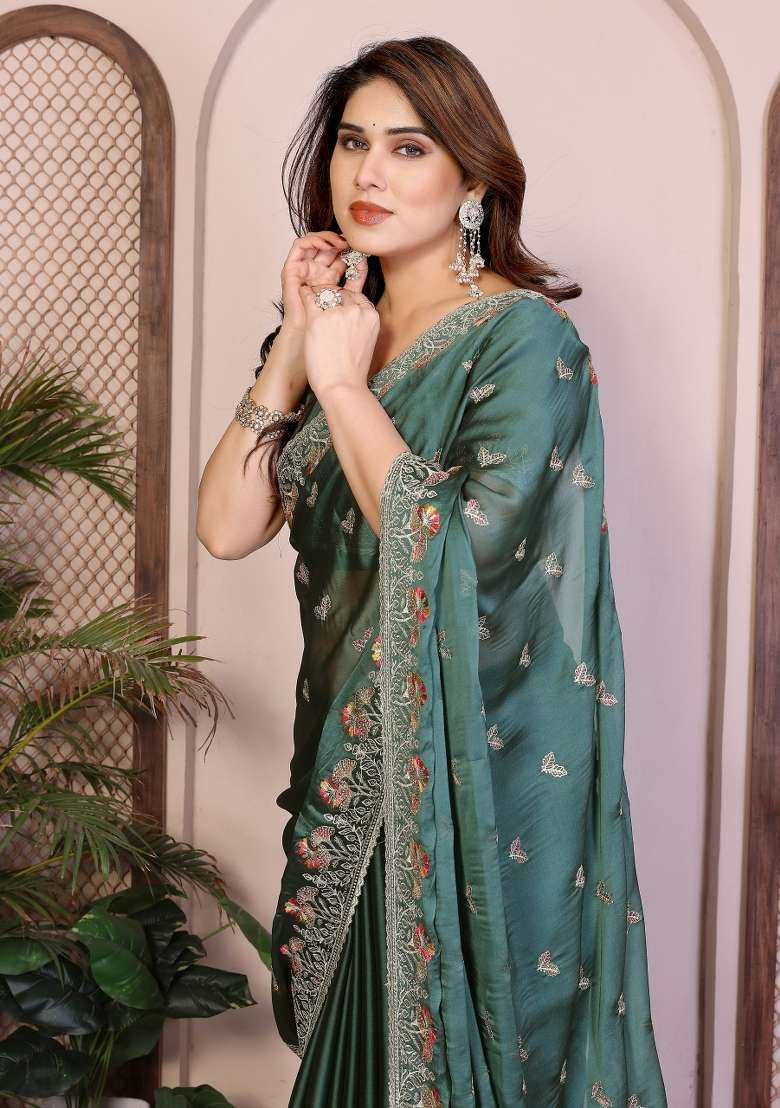 Teal Green Silk Saree Set with Embroidered for Diwali | Wedding & Festive Wear - Indya