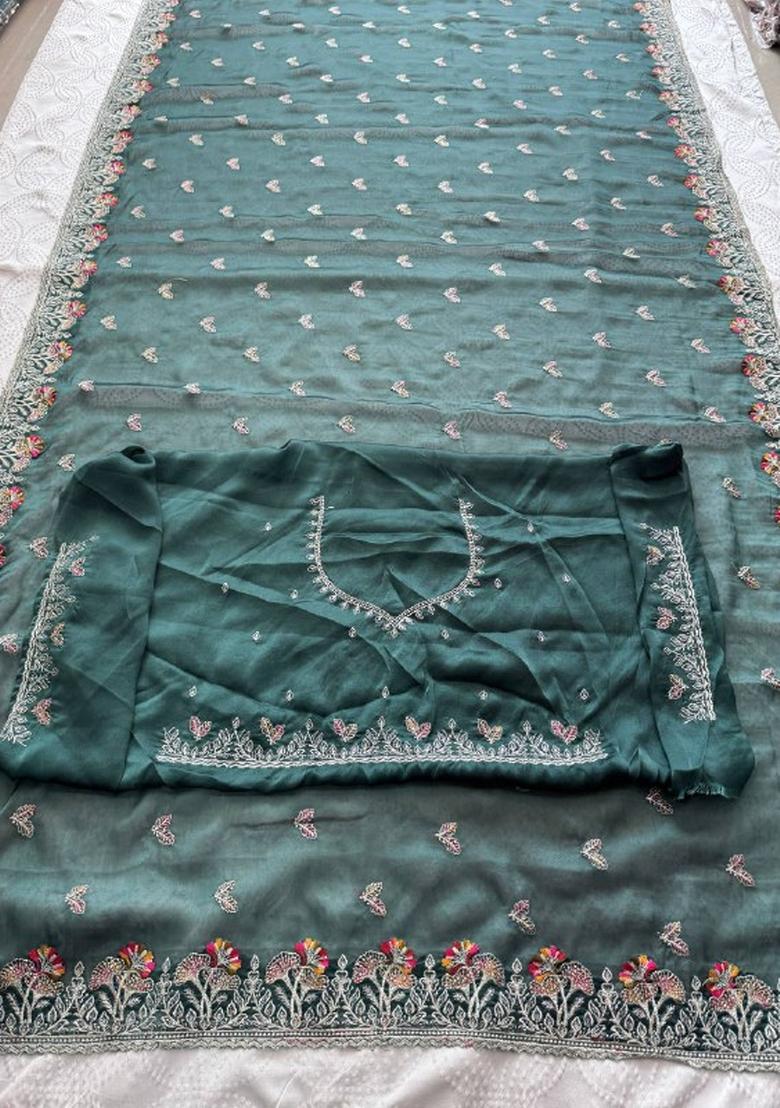 Teal Green Embroidered Silk Saree Set - Indya